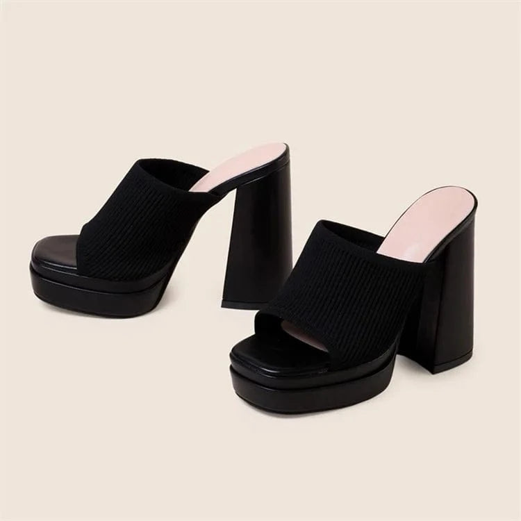 EU 35=US 4 / Black Knitted Platform Chunky High Heels Slippers Women Catwalk Roma Style Peep Toe Fashion Ladies Shoes Sandals