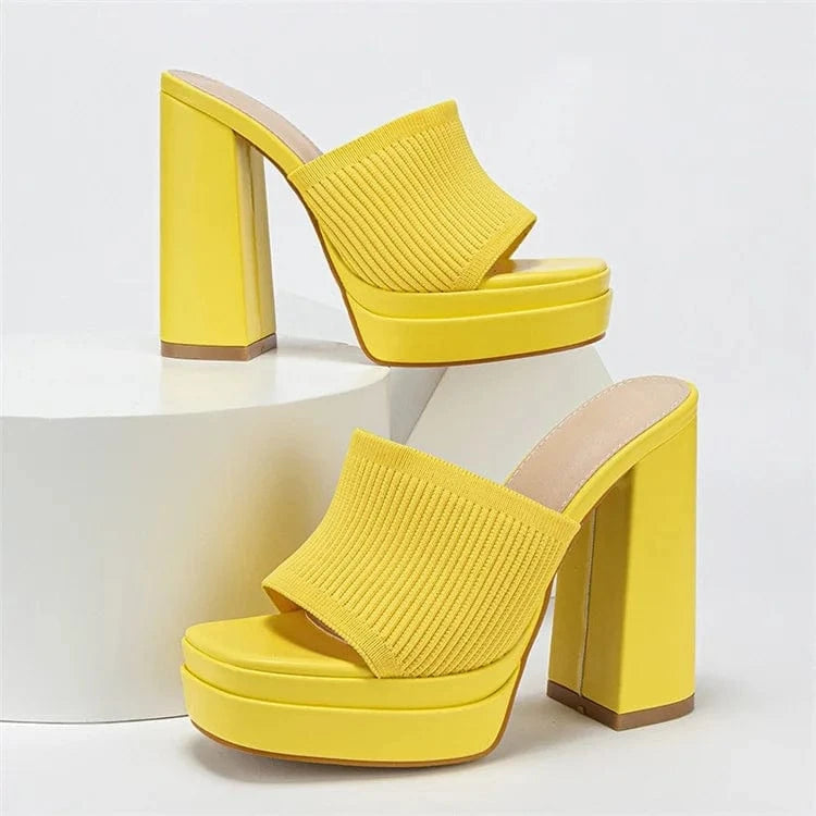 EU 36=US5 / Yellow Knitted Platform Chunky High Heels Slippers Women Catwalk Roma Style Peep Toe Fashion Ladies Shoes Sandals
