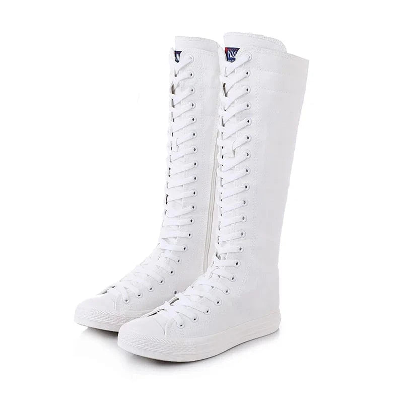 EU 37=US 7 / White Wholesale New Arrivals High Top Casual Soft Bottom Boots White Canvas Shoes For Women Knee High Flat Boots