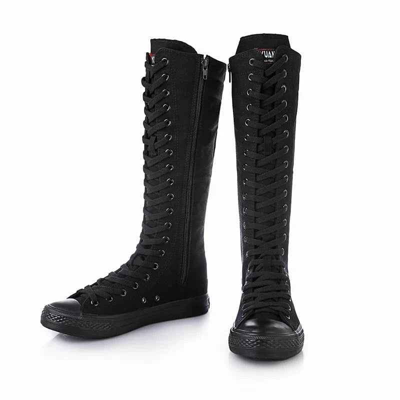 EU 41=US 9 / Black Wholesale New Arrivals High Top Casual Soft Bottom Boots White Canvas Shoes For Women Knee High Flat Boots