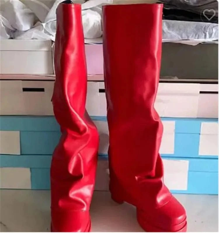 EU35=US4 / Red 2023 New Platform Square Toe Women Long Knee High Boots Black Winter Shoes Female Leg Cover Booties