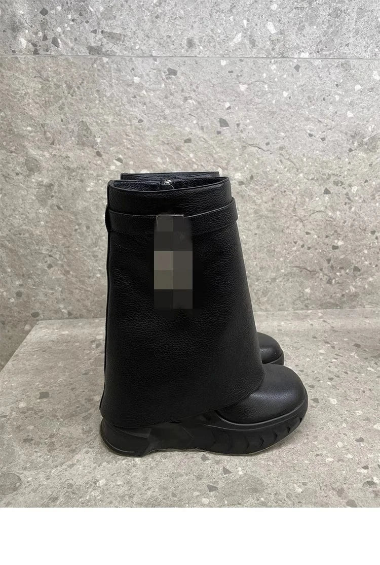 EU36=US5 / Black High Chunky Heeled Pants Boots For Women Mid-calf Platform Wedges Zip Luxury Design Metal Lock Fashion Shark Booties