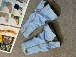 EU36=US6 / Light blue Denim Biker Metal Lock Boots Trendy Style Knee Boots Designer Fashion Knee-High Boots