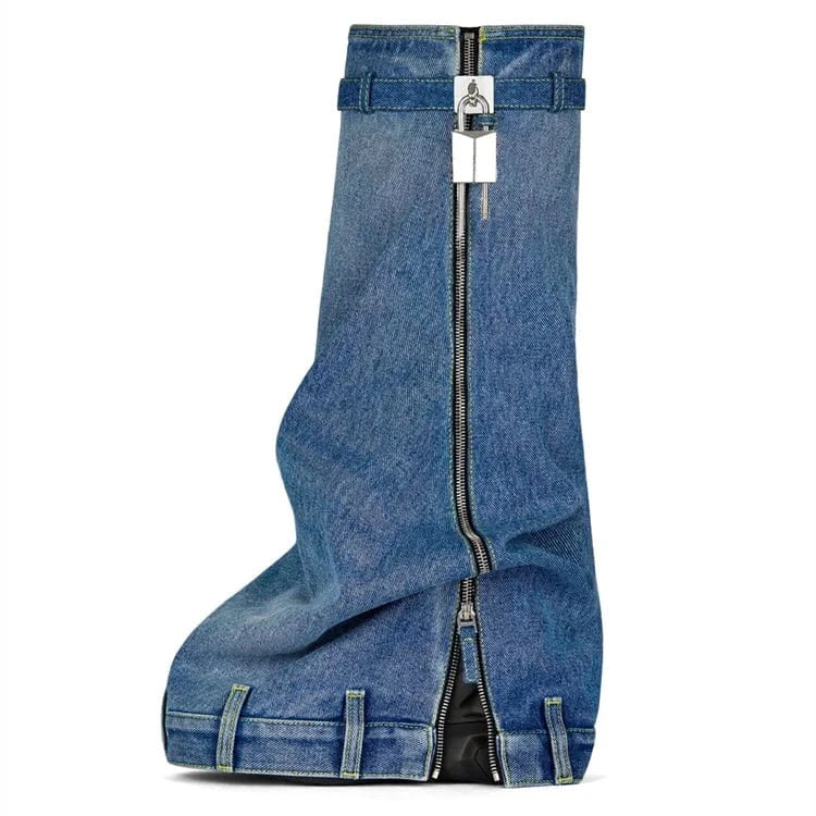 EU38=US7.5 / Blue Denim Biker Metal Lock Boots Trendy Style Knee Boots Designer Fashion Knee-High Boots