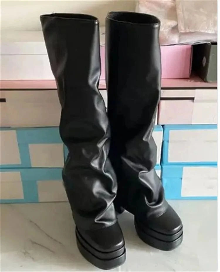 EU46=US15 / Black 2023 New Platform Square Toe Women Long Knee High Boots Black Winter Shoes Female Leg Cover Booties