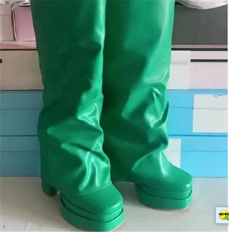 EU46=US15 / Green 2023 New Platform Square Toe Women Long Knee High Boots Black Winter Shoes Female Leg Cover Booties