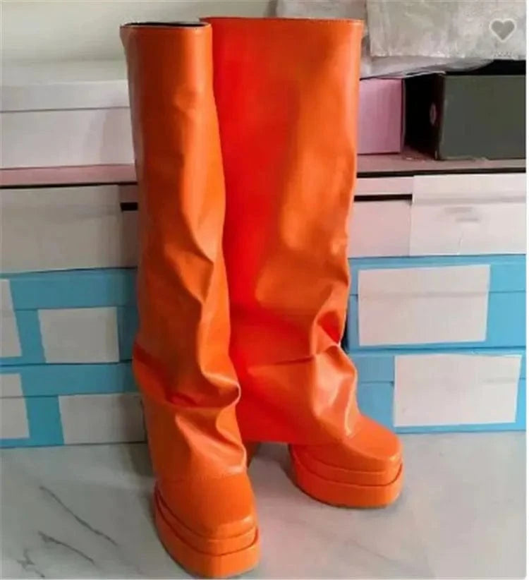 EU46=US15 / Orange 2023 New Platform Square Toe Women Long Knee High Boots Black Winter Shoes Female Leg Cover Booties
