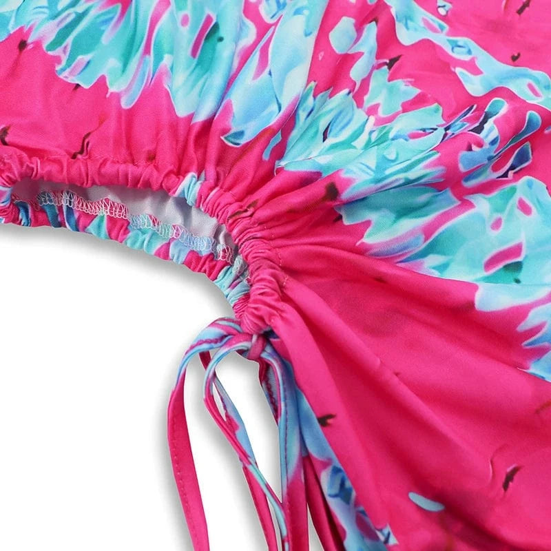 Europe and America Sexy Bodycon Mini Dress Women Hollow Out Drawstring Tie Dye Off Shoulder Short Dresses Summer Clothing