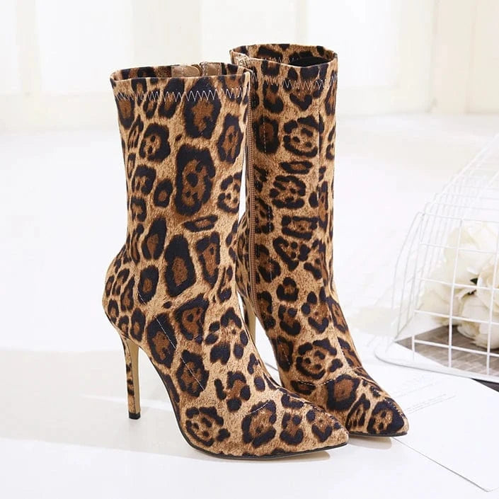 Europe and the United States cross border women's short boots autumn and winter new sharp leopard print color matching thin high
