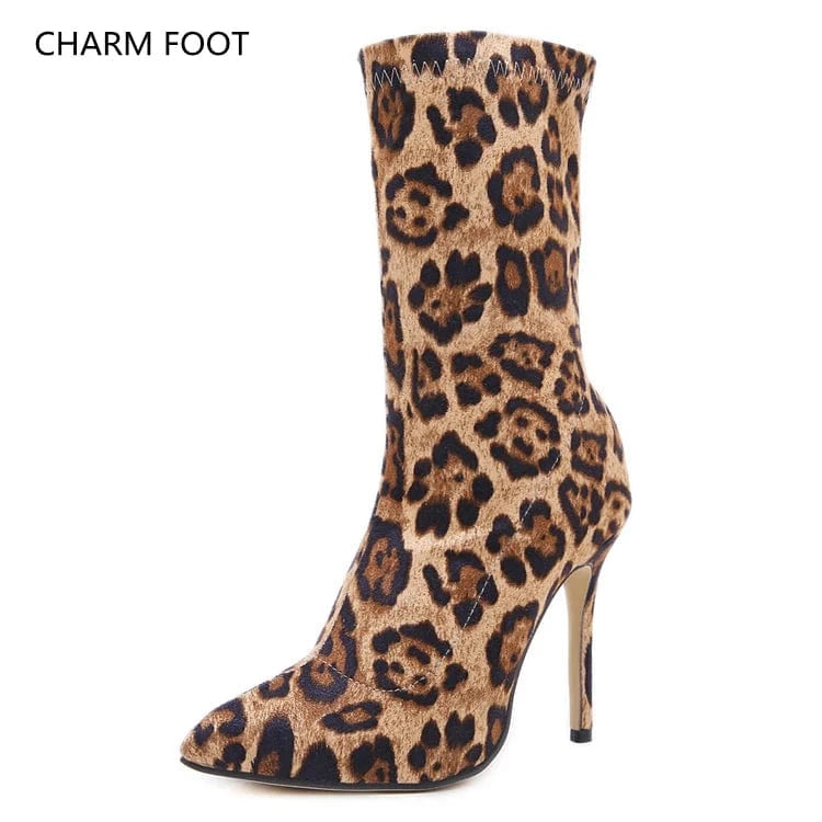 Europe and the United States cross border women's short boots autumn and winter new sharp leopard print color matching thin high