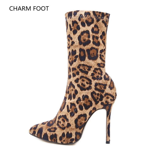 Europe and the United States cross border women's short boots autumn and winter new sharp leopard print color matching thin high