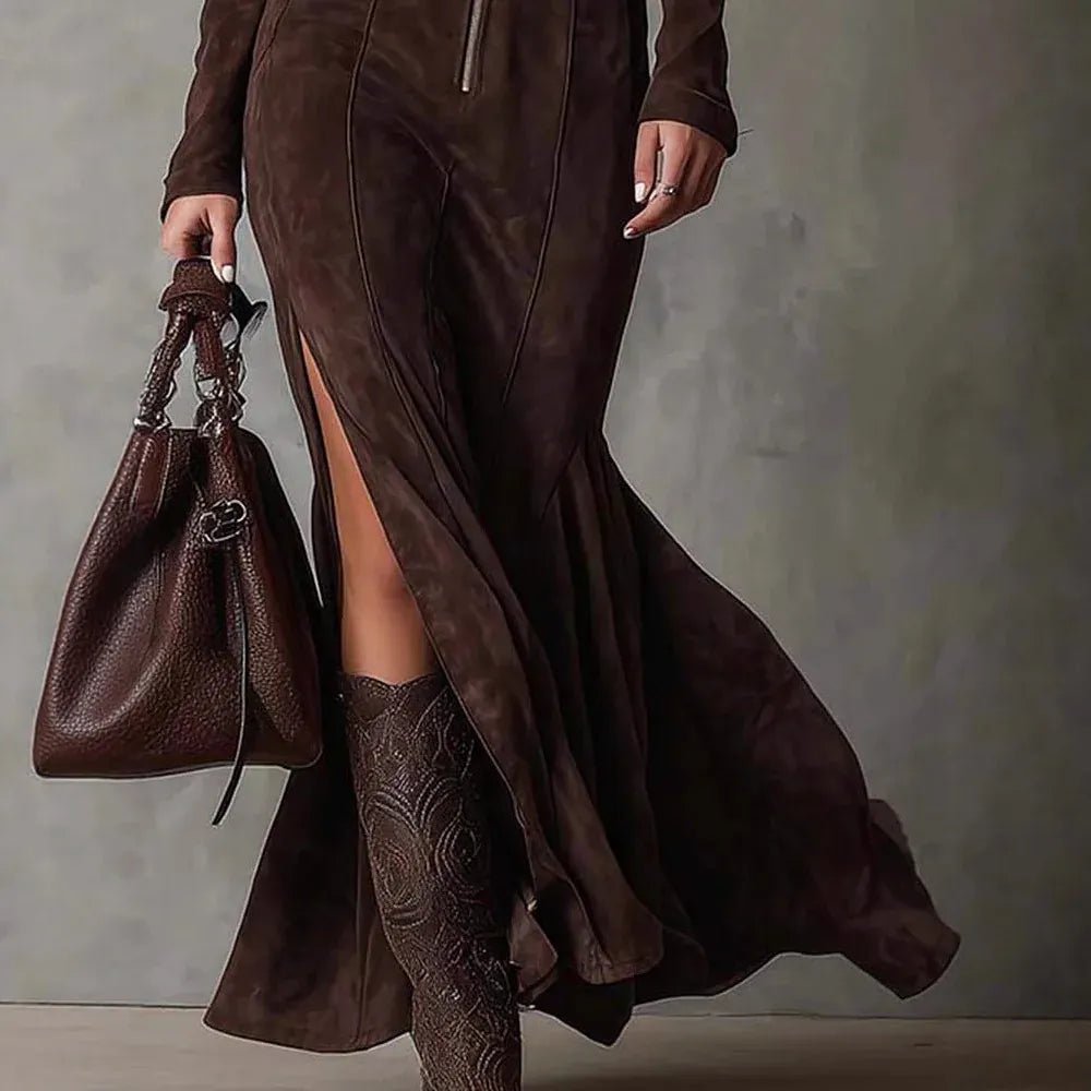 European American Long Dress for Women Solid Long Sleeves High Neck Zipper Maxi Dress Temperament Elegant High Street Dresses - SN Wigs & More
