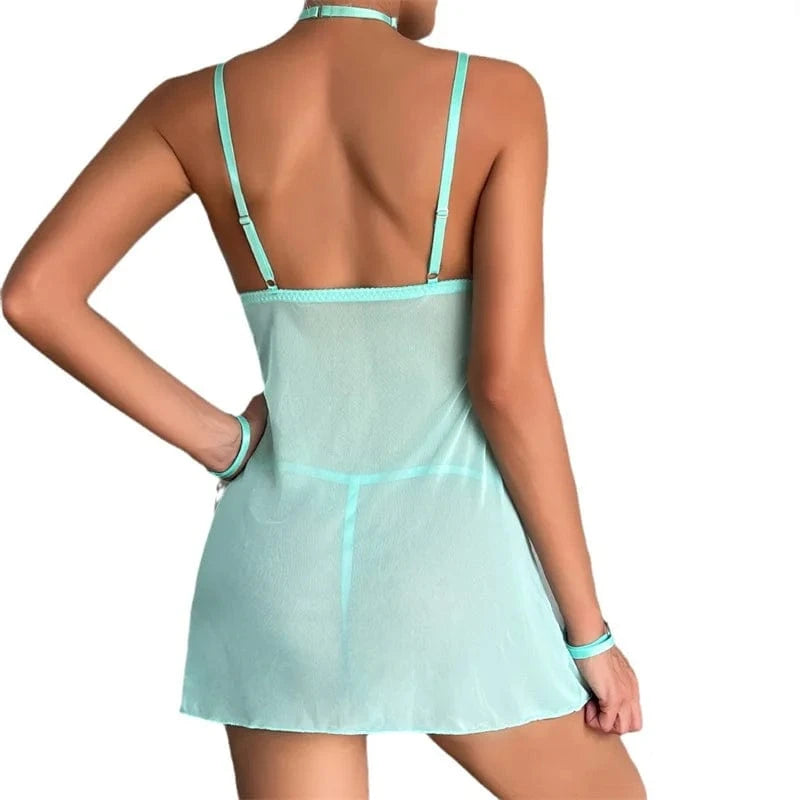 European and American 2024 Spring Sexuality Sleeping Night Dress Embroidered Mesh Spliced Sexy Neck Set Hand Set