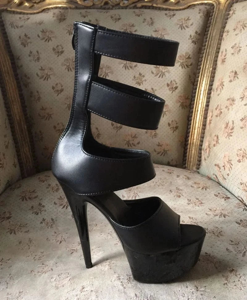 European and American black thin heel fish mouth hollow short boots 15 cm sexy women's high heels