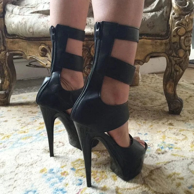 European and American black thin heel fish mouth hollow short boots 15 cm sexy women's high heels