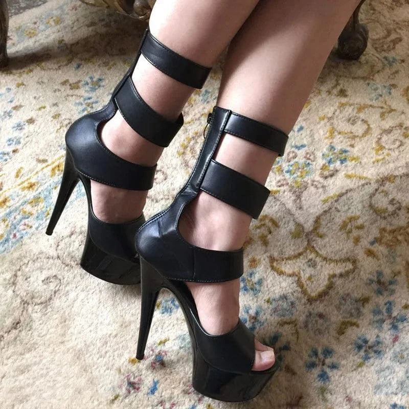 European and American black thin heel fish mouth hollow short boots 15 cm sexy women's high heels