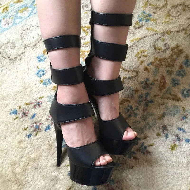 European and American black thin heel fish mouth hollow short boots 15 cm sexy women's high heels