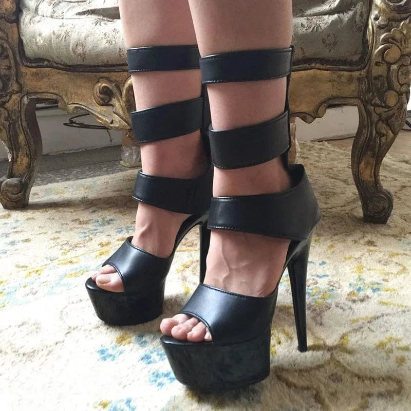 European and American black thin heel fish mouth hollow short boots 15 cm sexy women's high heels