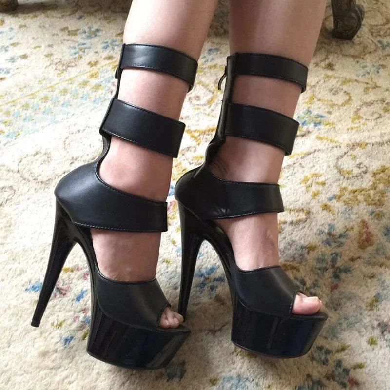 European and American black thin heel fish mouth hollow short boots 15 cm sexy women's high heels