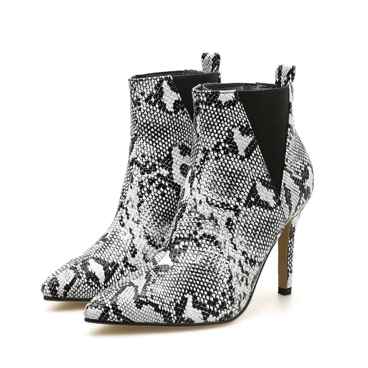 European and American cross border elastic snake skin slim heel short boots women's large shoes