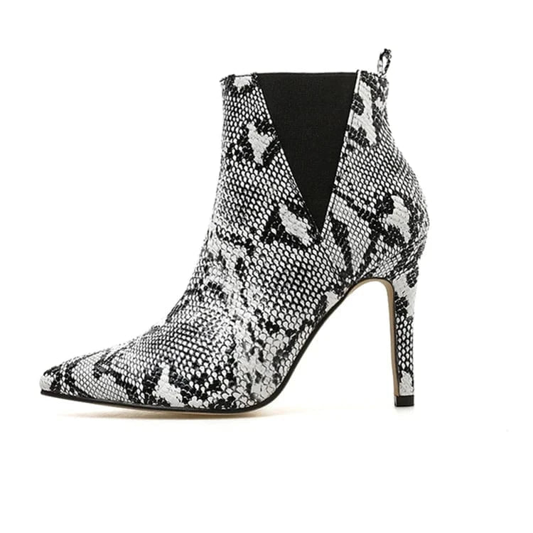European and American cross border elastic snake skin slim heel short boots women's large shoes