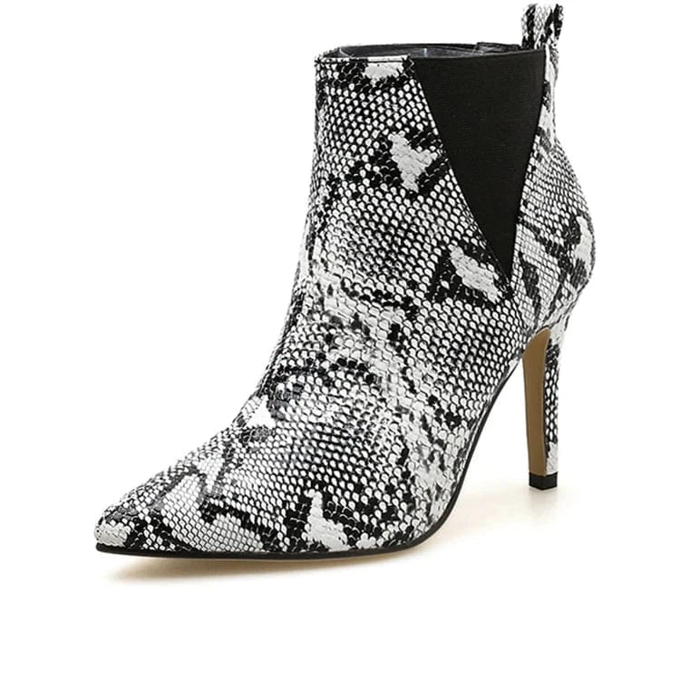 European and American cross border elastic snake skin slim heel short boots women's large shoes