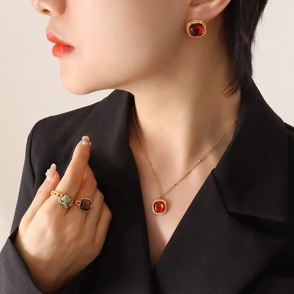 European and American crystal stone pendant necklace earrings titanium steel plated 18K gold jewelry set