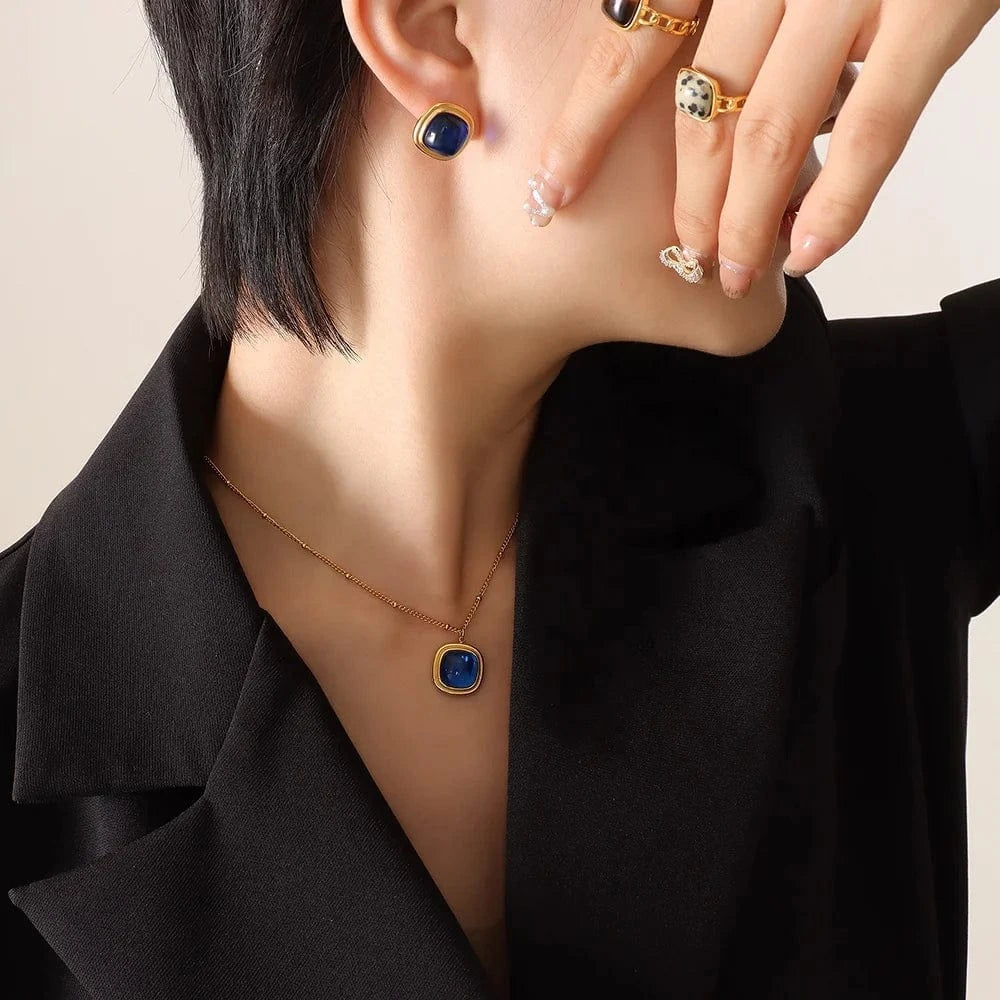 European and American crystal stone pendant necklace earrings titanium steel plated 18K gold jewelry set