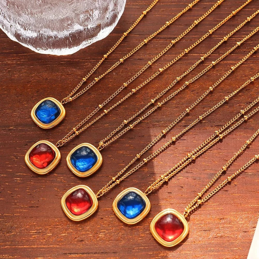 European and American crystal stone pendant necklace earrings titanium steel plated 18K gold jewelry set