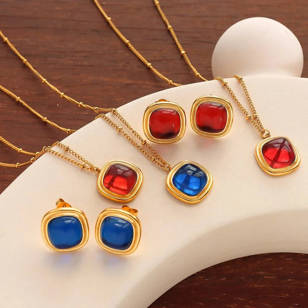 European and American crystal stone pendant necklace earrings titanium steel plated 18K gold jewelry set