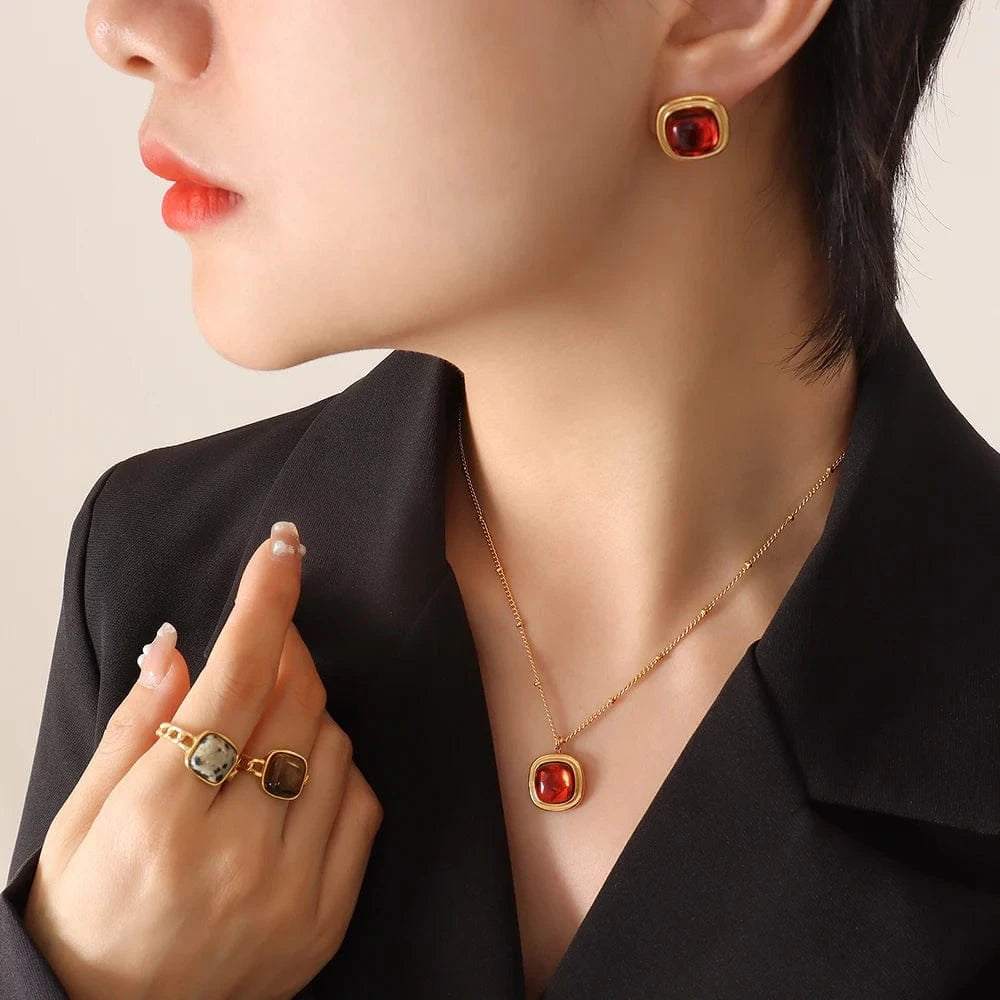 European and American crystal stone pendant necklace earrings titanium steel plated 18K gold jewelry set