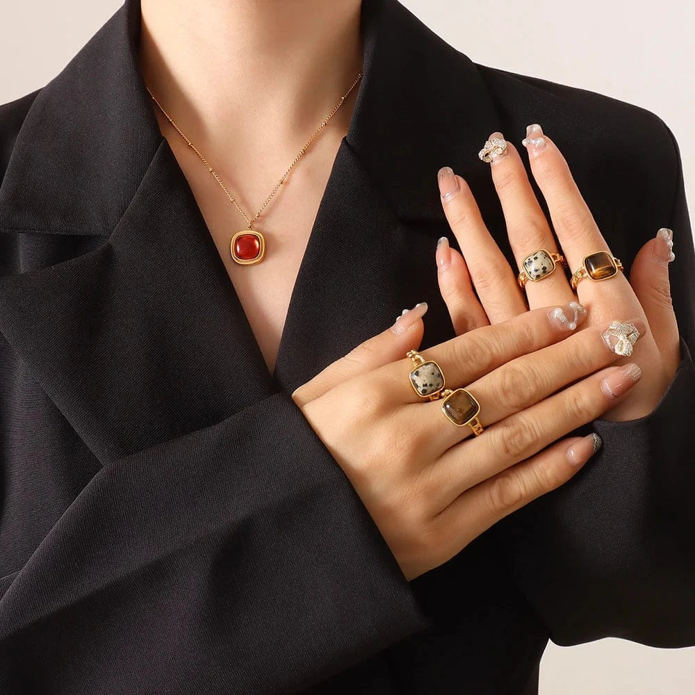 European and American crystal stone pendant necklace earrings titanium steel plated 18K gold jewelry set