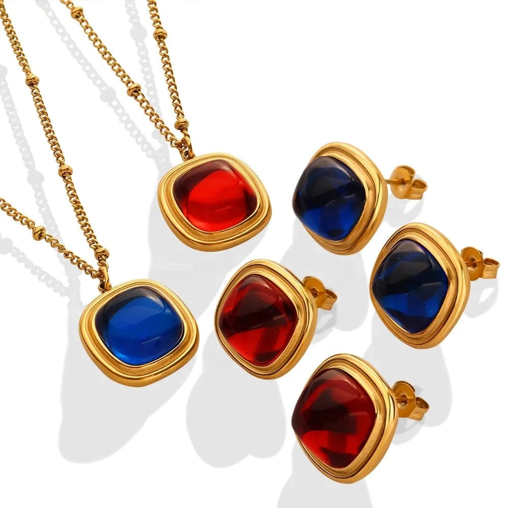 European and American crystal stone pendant necklace earrings titanium steel plated 18K gold jewelry set