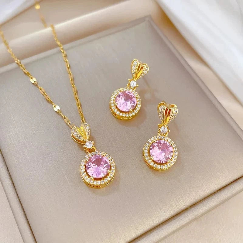 European And American Gold Plated Luxury Jewelry Set Diamond Love Round Necklace Earring For Women