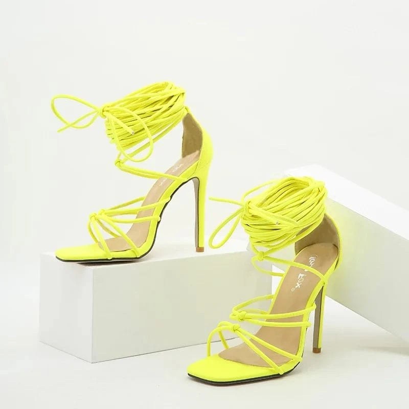 European and American new long super beautiful bandage bright yellow peach red thin high-heeled women's fashion sandals