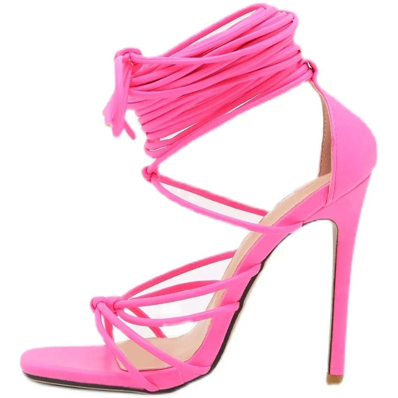 European and American new long super beautiful bandage bright yellow peach red thin high-heeled women's fashion sandals