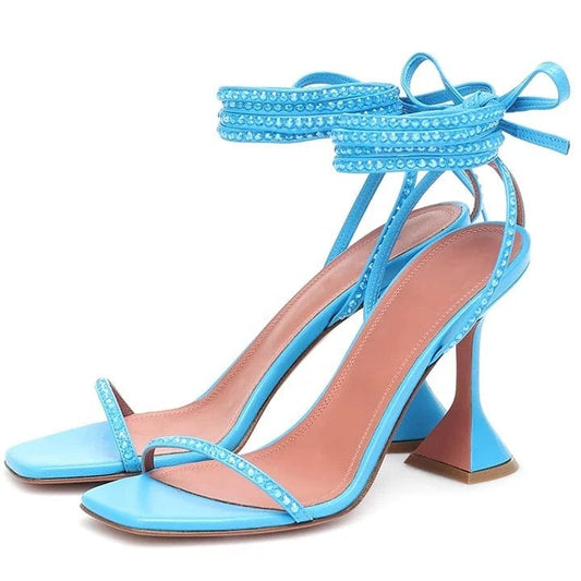 European and American style new ladies lace-up wine glasses with fashionable and versatile temperament square toe sandals