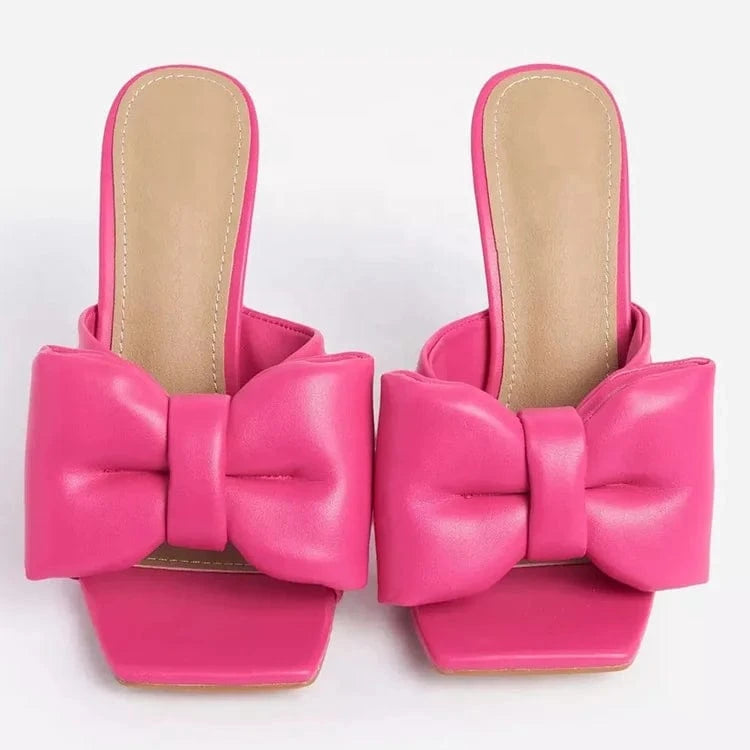 European and American style pink artificial leather bow crystal heel slippers for indoor and outdoor wear