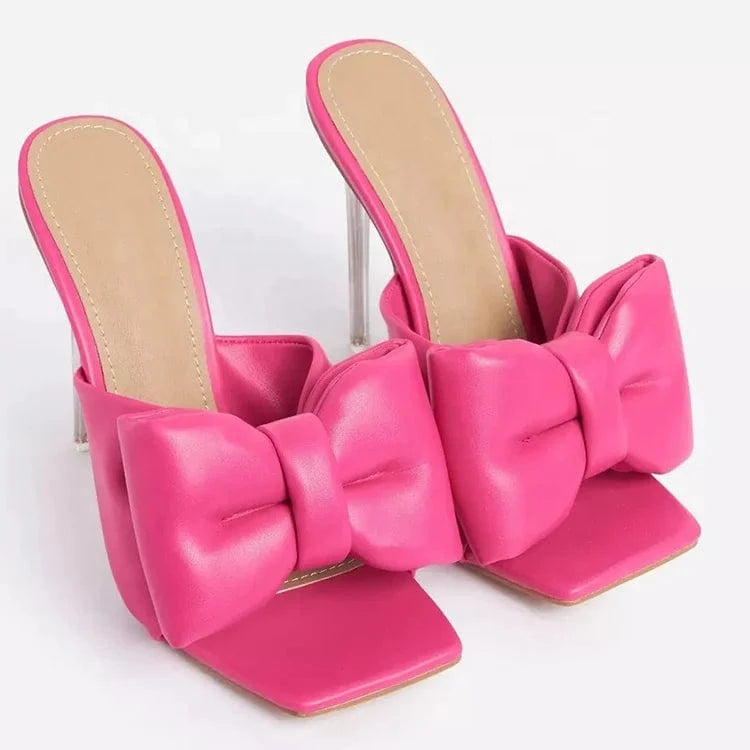 European and American style pink artificial leather bow crystal heel slippers for indoor and outdoor wear