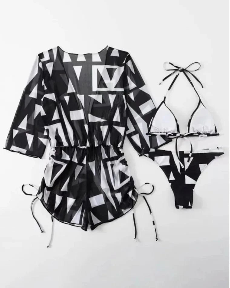 European and American swimsuits Feminine Three Piece Style Collar Print Waist Tie Up Short Skirt Set