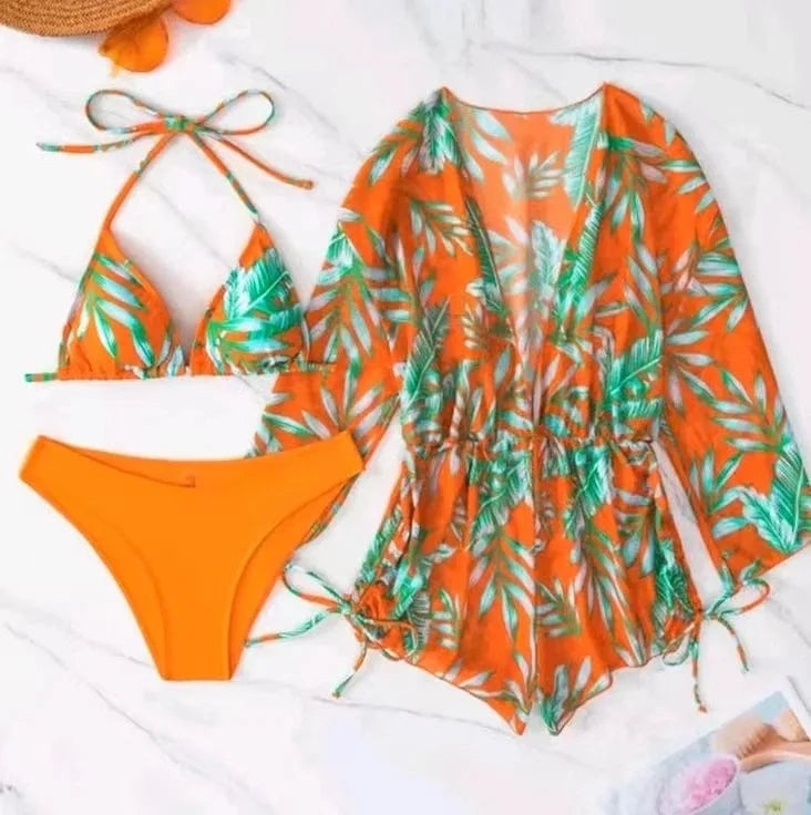 European and American swimsuits Feminine Three Piece Style Collar Print Waist Tie Up Short Skirt Set