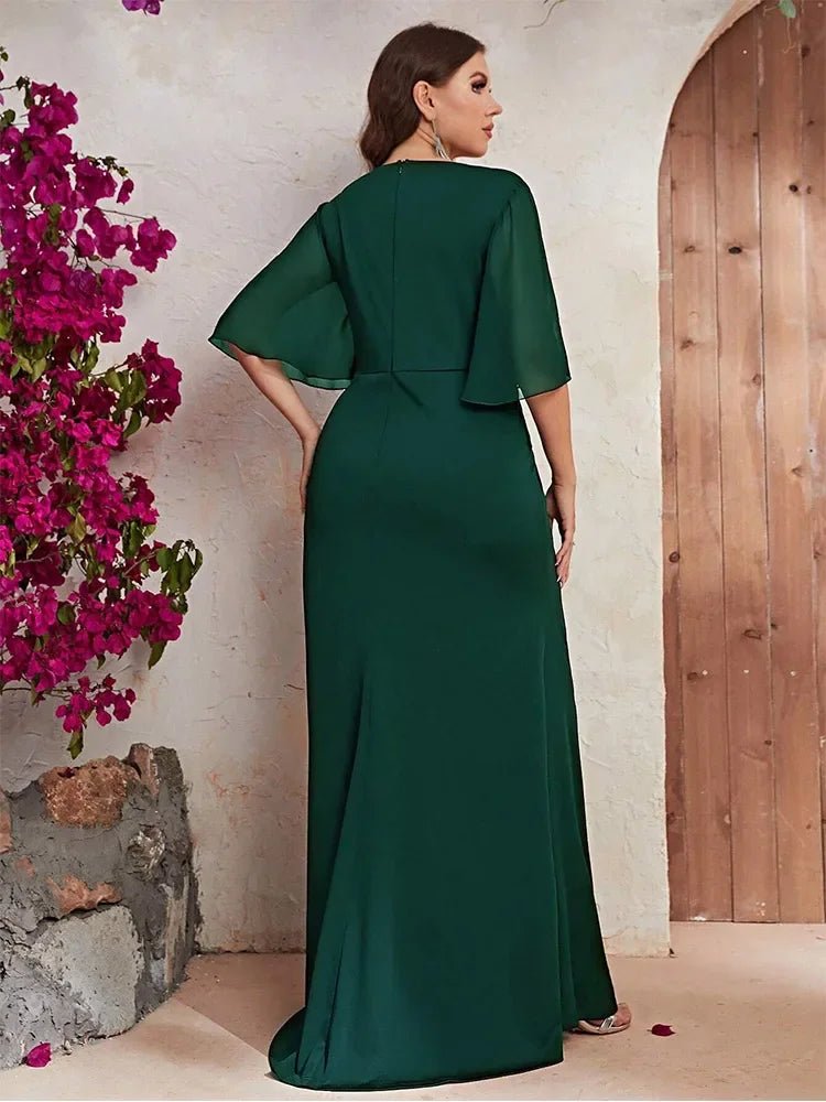 Evening Dress Plus Size V Neck Chiffon Short Sleeve Floor Length Dark Green Elegant - SN Wigs & More