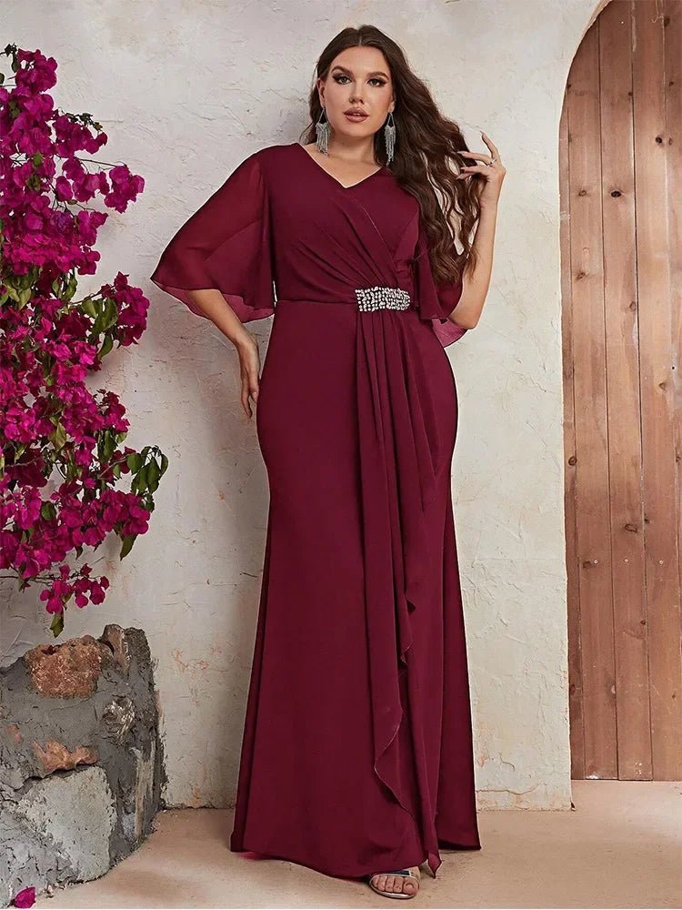 Evening Dress Plus Size V Neck Chiffon Short Sleeve Floor Length Dark Green Elegant - SN Wigs & More