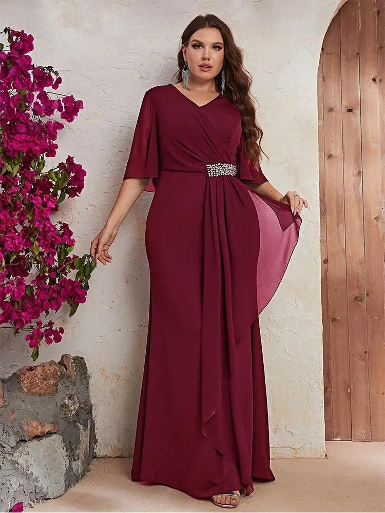 Evening Dress Plus Size V Neck Chiffon Short Sleeve Floor Length Dark Green Elegant - SN Wigs & More