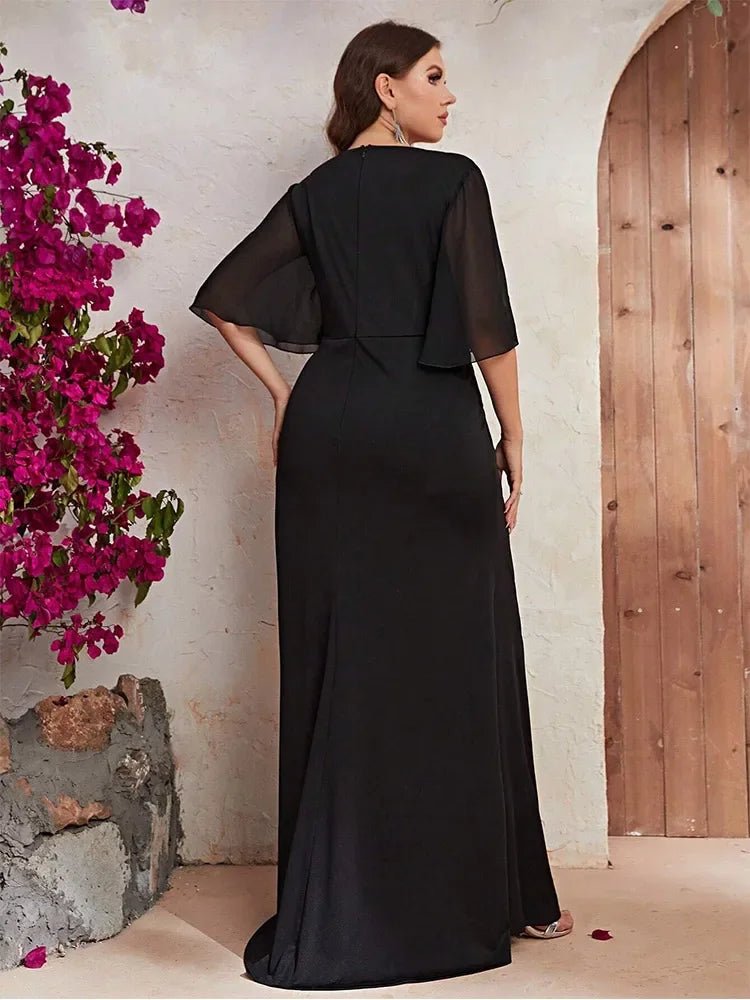 Evening Dress Plus Size V Neck Chiffon Short Sleeve Floor Length Dark Green Elegant - SN Wigs & More