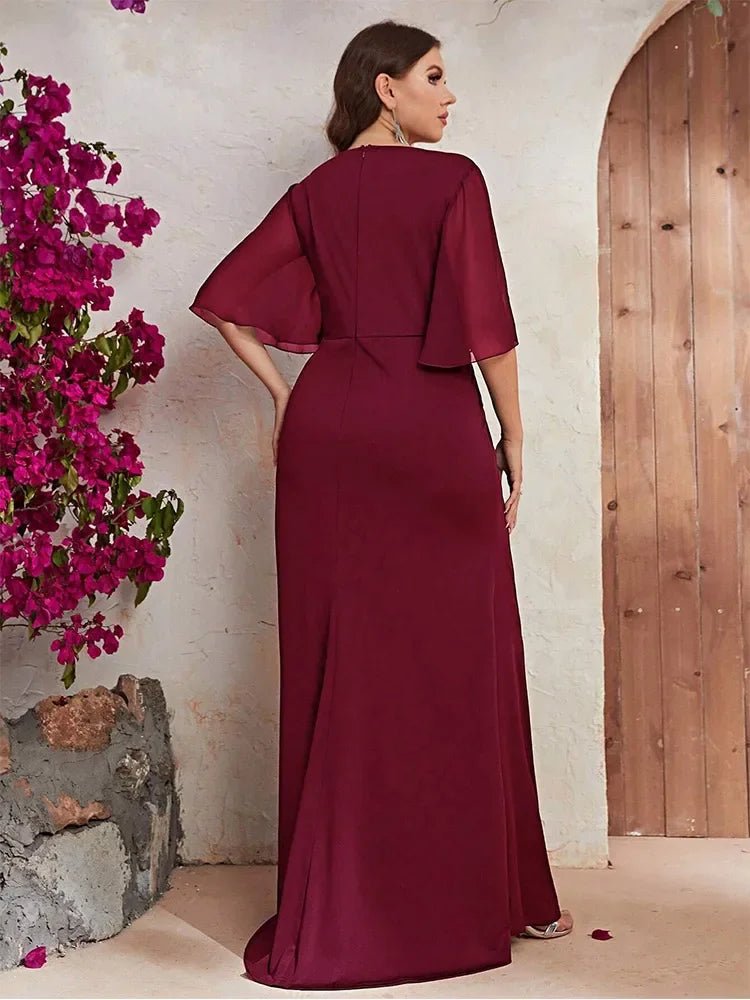 Evening Dress Plus Size V Neck Chiffon Short Sleeve Floor Length Dark Green Elegant - SN Wigs & More
