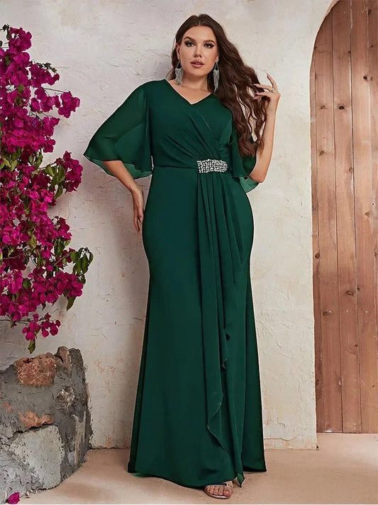 Evening Dress Plus Size V Neck Chiffon Short Sleeve Floor Length Dark Green Elegant - SN Wigs & More