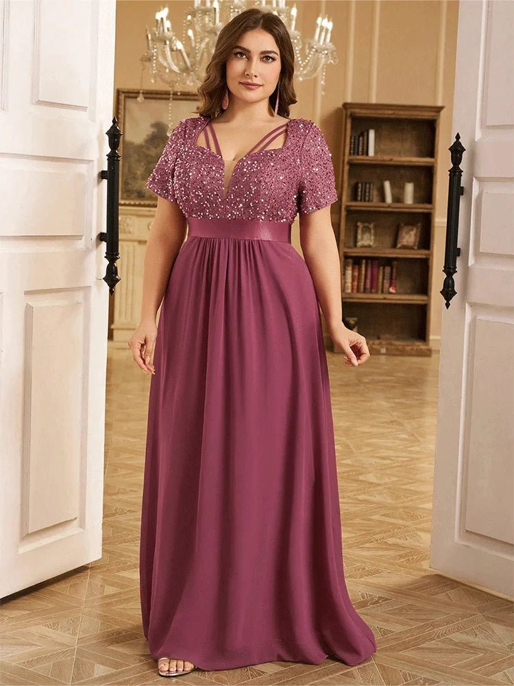 Evening Dress + Short Sleeve Plus - Size Sparkling Sequin Floor - Length + Elegant - SN Wigs & More