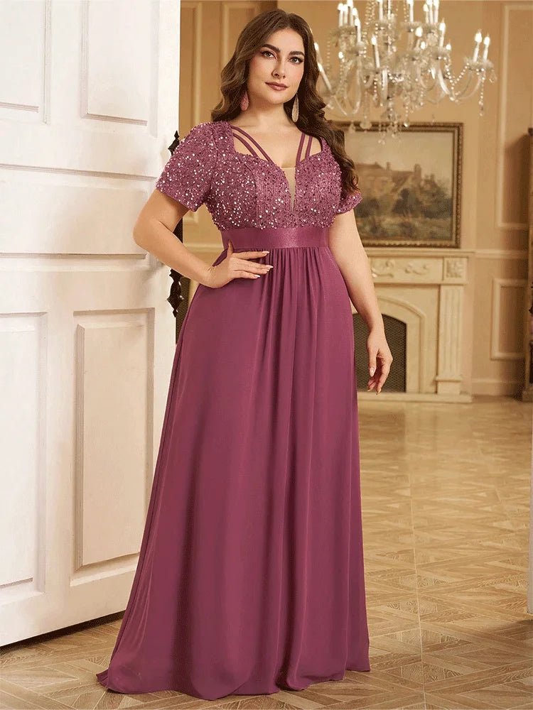 Evening Dress + Short Sleeve Plus - Size Sparkling Sequin Floor - Length + Elegant - SN Wigs & More