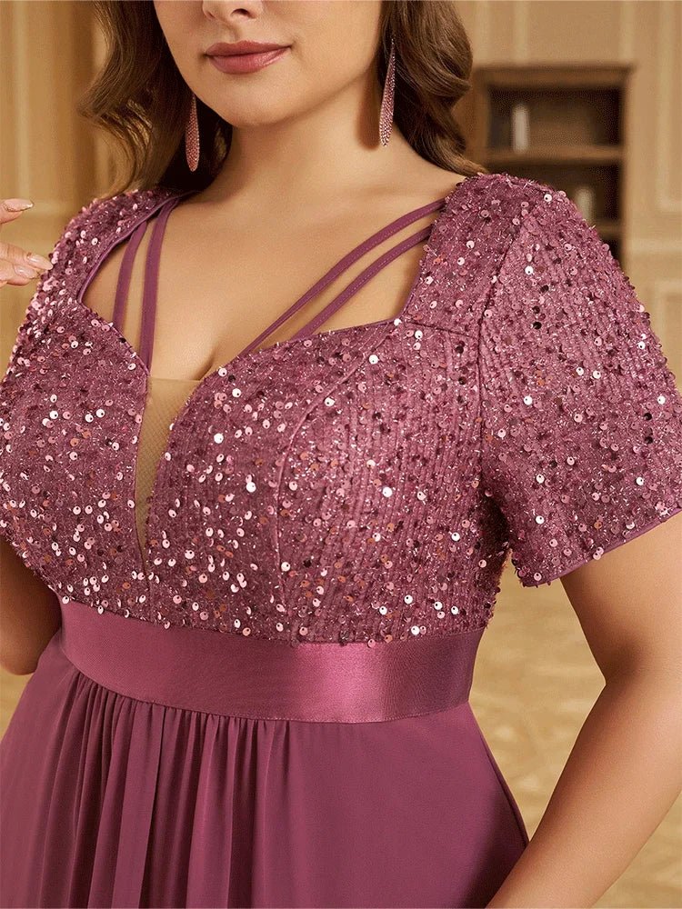 Evening Dress + Short Sleeve Plus - Size Sparkling Sequin Floor - Length + Elegant - SN Wigs & More